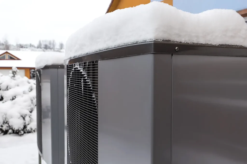 Outdoor heat pump system outside of a residence with a layer of snow on top.